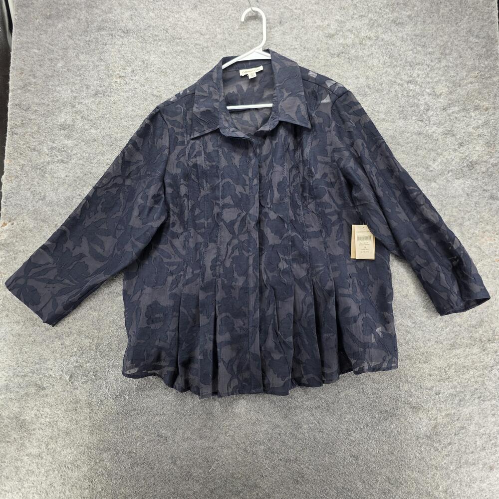 Coldwater Creek Button-Up Tunic Womens 2X Blue Floral Jacquard Sheer 3/4 Sleeve